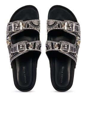 Azalea Wang Black Crystal-Embellished Double-Buckle Slide Sandals